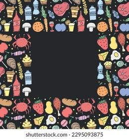 Doodle food frame. Background with drawing food with place for text
