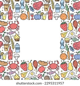 Doodle food frame. Background with drawing food with place for text