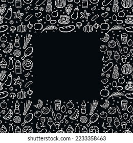 doodle food frame. icons of food, mushrooms, sweets, vegetables and fruits. vector food icons