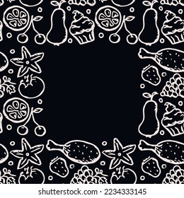 doodle food frame. icons of food, mushrooms, sweets, vegetables and fruits. vector food icons