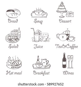 Doodle food groups, sketches for menu, vector illustration.