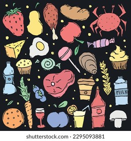 Doodle food icons. Background with drawing food