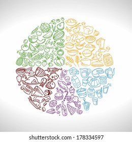 doodle food icons  eat well plate  vector illustration