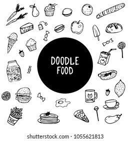 Doodle food icons. Hand drawn vector illustration.
