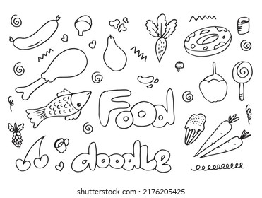 doodle food icons with lettering in vector.