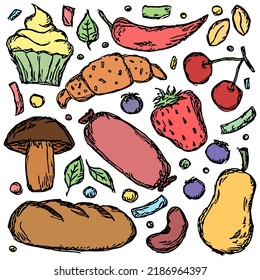 Doodle food icons. Vector food background