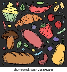 Doodle food icons. Vector food background