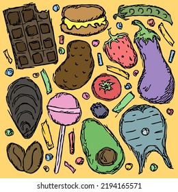 Icons für doodle-Essen. VektorLebensmittelhintergrund