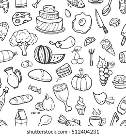Doodle food ingredients, drinks and vegetables seamless pattern for menu design