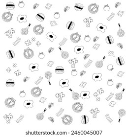 Doodle food pattern include burger, onion, paprika sliced, tomato, egg, bacon, tacos, cheese perfect for backgrounds, packaging, textiles, Food and Beverage Designs