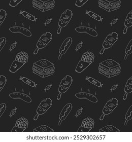 Patrón de comida Doodle. Patrón de comida. Patrón de comida sin fisuras. Fondo de patrón de comida dibujado a mano
