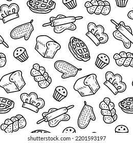 Doodle food seamless pattern for pastry bakery shop. Cute hand drawn vector illustration with cooking tools, bread, dough, cupcake, products, pie, potholder, toque for packaging, delivery, cafe, menu