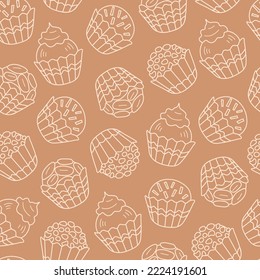 Doodle Food seamless pattern with round chocolate candy. Hand drawn beige sweet dessert seamless background with falling various brigadeiro line art. Chalk repeat cartoon vector illustration