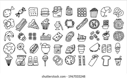 Doodle food set of 50 various fast-food products. Hand-drawn sweets, desserts, snacks, popcorn, American food and English breakfast. A big set of cartoon food illustrations.