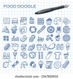 Doodle food set of 50 various fast-food products. Hand-drawn sweets, desserts, snacks, popcorn, American food and English breakfast. A big set of cartoon food illustrations.