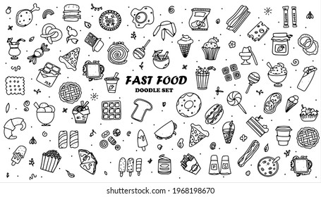 Doodle food set of 50 various fast-food products. Hand-drawn sweets, desserts, snacks, popcorn, American food and English breakfast. A big set of cartoon food illustrations.