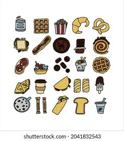 Doodle food set of fast-food products. Hand-drawn sweets, desserts, snacks, popcorn, American food and English breakfast. A big set of cartoon food illustrations.