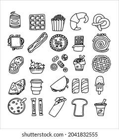 Doodle food set of fast-food products. Hand-drawn sweets, desserts, snacks, popcorn, American food and English breakfast. A big set of cartoon food illustrations.