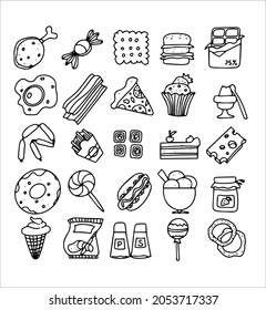 Doodle food set of fast-food products. Hand-drawn sweets, desserts, snacks, popcorn, American food and English breakfast. A big set of cartoon food illustrations.