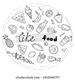 doodle food set with inscription and decorative elements. vector illustration.