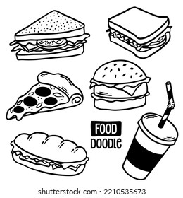 Doodle food set, pizza, burger and sandwich