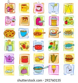 Doodle food set of various products, fruits, vegetables and much more.
