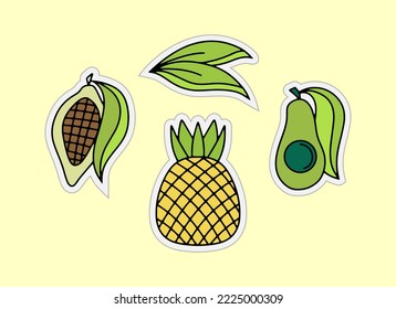 Doodle food sticker set. Hand drawn line art. Cartoon fruit. Vector stock illustrations. EPS 10