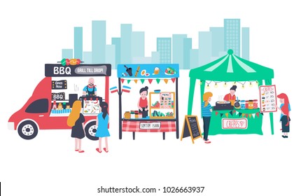 doodle food street banner consisting of barbecue food truck, som tum isaan stall which means "thai papaya salad", and crepe stall, all in colorful flat style, illustration, vector