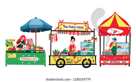 Doodle food street at the marketplace or flea market: meatballs stall, Thai papaya salad stall, and smoothies vendor, all in colorful flat cartoon design, illustration, vector