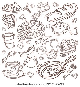 Doodle food vector set. For postcards, design posters, posters, menus. Cake, sweaters, cake, cheese, pizza, mushrooms, tomatoes, pepper, apple, tea, loaf, roll, olives, glass, fork, spoon.