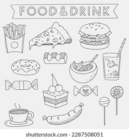 Doodle foods and drinks hand drawn sketch art vector illustration pack collection