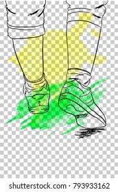 Doodle Foot of walking woman with Green and Yellow Splash Color, at Transparent Effect Background
