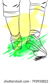 Doodle Foot of walking woman with Green and Yellow Splash Color