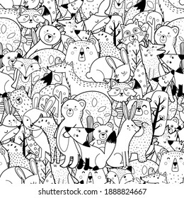 Los animales del bosque de Doodle son de color blanco y negro sin soldadura. Divertida página de colorear con personajes de bosque. Ilustración del vector