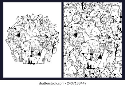 Doodle forest animals coloring pages set. Black and white templates bundle with cute woodland characters. Outline background. Vector illustration svg