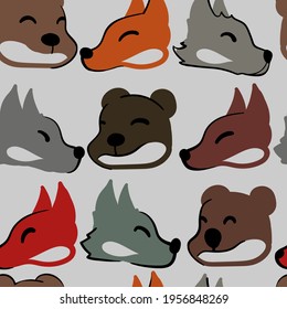 el doodle de los animales del bosque zorro, lobo, el patrón de los osos sin costura. Adecuado para textiles, embalaje, papel pintado, etc. Objetos aislados en el fondo. Ilustración vectorial.