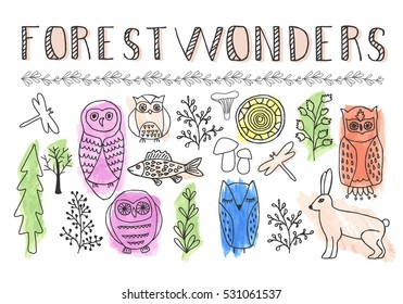 Doodle forest animals. Hand drawn owl, fish, hare, tree. Vector design elements.