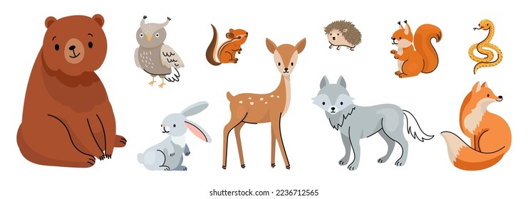 Animales del bosque de Doodle, ciervos de búho y oso lindo. Caricatura de estilo escandinavo animal. Los niños de ardilla y de bosque hoy en día los personajes vectores