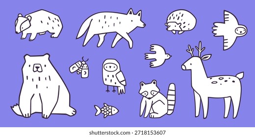 Conjunto de animais da floresta de rabiscar. Delinear a coleção de vetores de animais da floresta. 