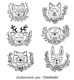 Doodle forest animals wolf, Fox, rabbit, squirrel, deer, bear, badger