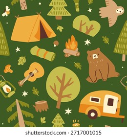 Padrão escuro de acampamento de floresta de doodle com animais. Impressão de vetor sem emenda na floresta.