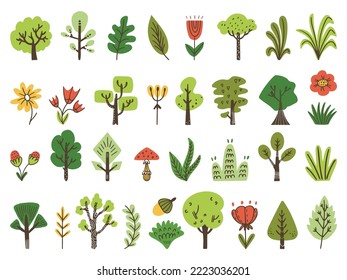 Elementos naturales del bosque de Doodle, colección ecológica escandinava. Boequetas, flores abstractas y árboles. Árbol de jardín y arbusto conjunto nórdico vectorial neoterino