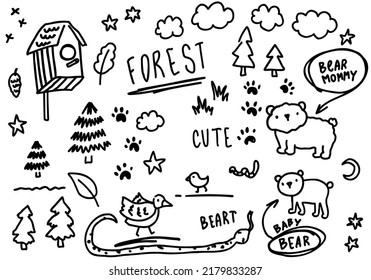 Doodle forest, paws, bear, trees, text. Sketch set cute isolated line collection.