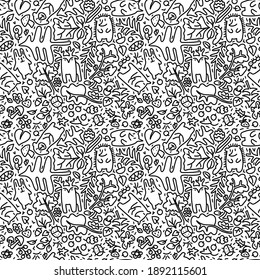 Doodle Forest seamless pattern with animals and plants. Textile prints, wrapping, wallpapers backgrounds hand drawn sketch vector illustration