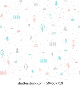 Doodle forest seamless pattern background. Hand drawn forest isolated on white for design card, textile fabric, holiday wrapping paper, garment, t-shirt, banner, placard, book, scrapbook.