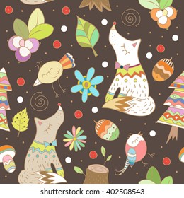 Doodle forest seamless pattern. Forest floral elements. Birds, corns, owl, berries, birds, trees and snowflakes. Vector illustration in childish style.