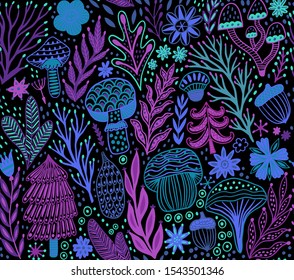 Doodle forest seamless pattern, Forest hand drawn vector texture. Branches, leaves, mushrooms, spruce, tree, fur-tree, acorn seamless texture. Folk wild nature background. Woodland childish