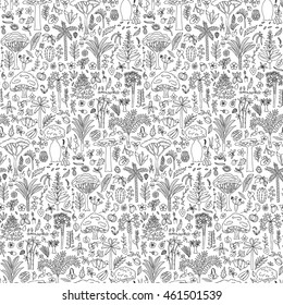 Doodle Forest Seamless Pattern. Wallpaper with woodland elements and objects