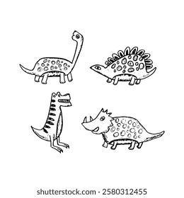 Doodle four cartoon dinosaurs drawn in black lines on a white background.