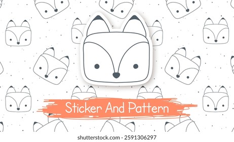 Doodle Fox Cartoon Character, Hand Drawn Kids Animal Style, Seamless Pattern, Sticker With Shadow. Vector eps 10.